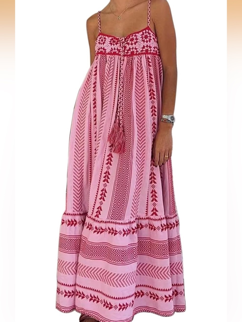 Boho Pink & Red  Maxi Dress